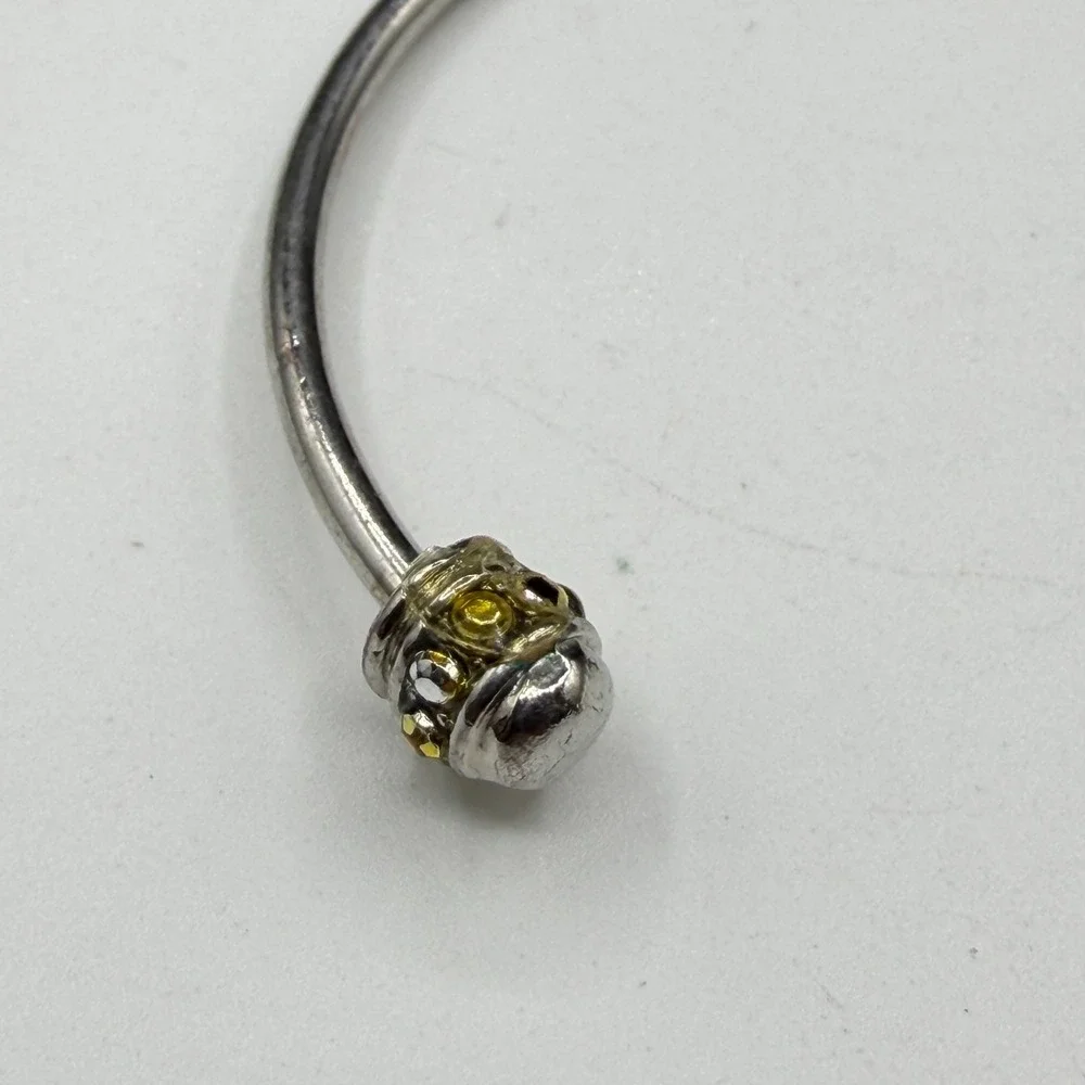 Silver Tone Open Cuff Bracelet Yellow Crystal Beaded End Caps Minimalist Jewelry